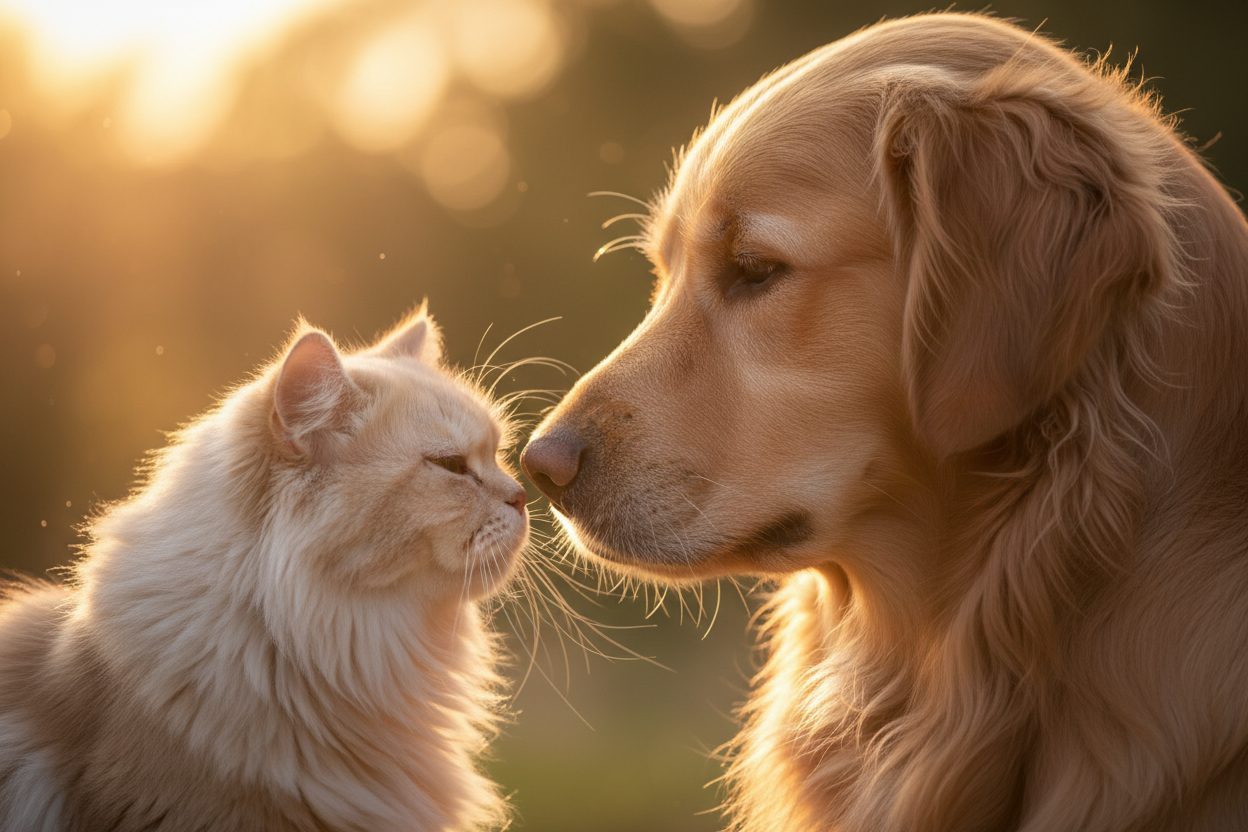 Herzlicher Moment - Hund und Katze berühren Nasen